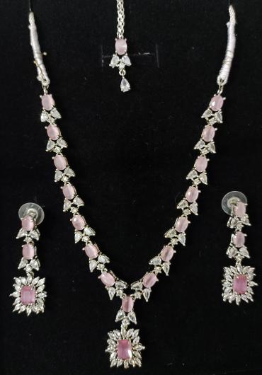 Imported silver and pink zircon bindi set