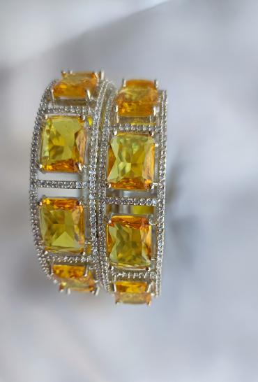 Silver Bangles Pair with yellow diamond